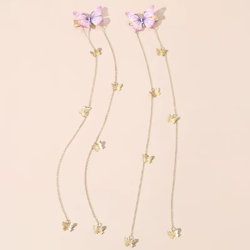 Lot de 2 pinces à cheveux papillon à pampilles, mini pendentifs papillon à longue chaîne dorée, barr