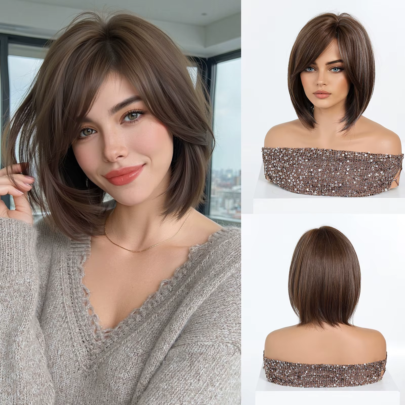 LOUIS FERRE Perruque courte brune avec frange pour femme, perruque synthétique résistante à la chale
