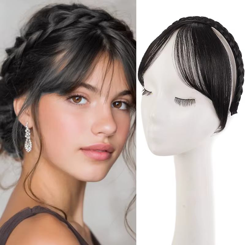 Bandeau tressé synthétique avec frange de cheveux, perruque brune avec frange latérale tressée à la