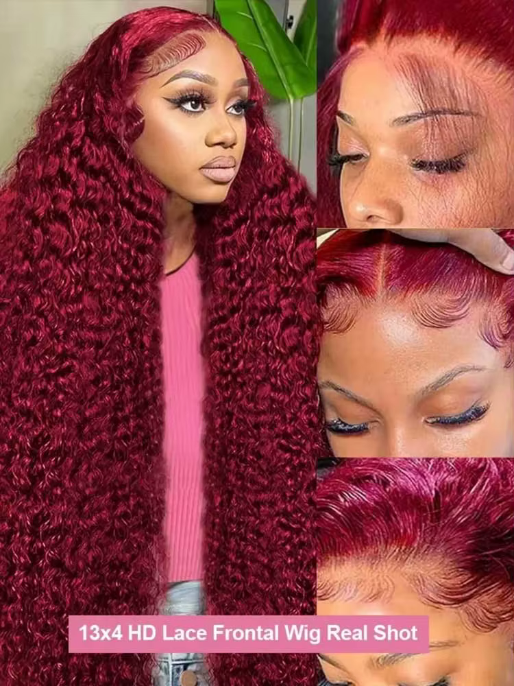 250% 13x4 HD Transparent vague profonde frontale perruque couleur 99j bordeaux profond bouclés dente