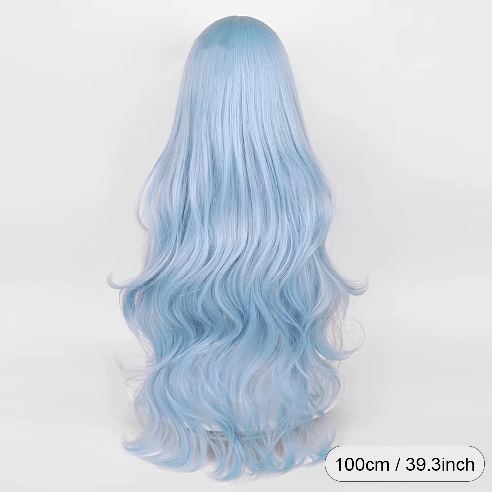 Perruque synthétique longue ondulée bleue pour femmes, avec frange, perruque moelleuse de jeu d'anim