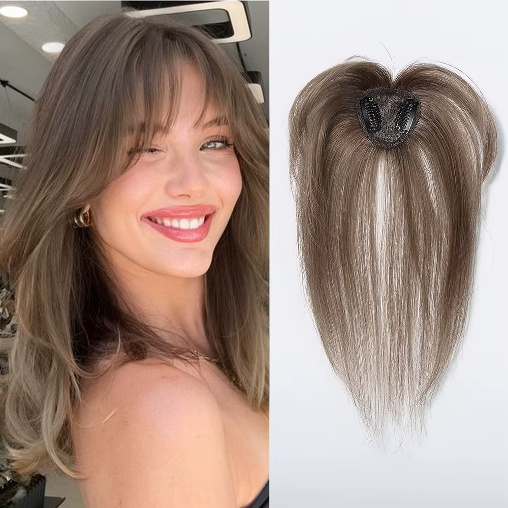 100% Remy cheveux humains Toppers avec frange brun clair postiches 3D vaporeux frange pour les femme