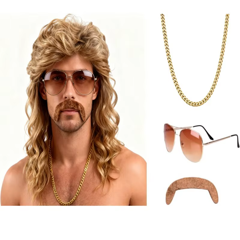 Perruque mulet des années 80 pour hommes, cheveux à bascule hippie longs et raides marron avec acces