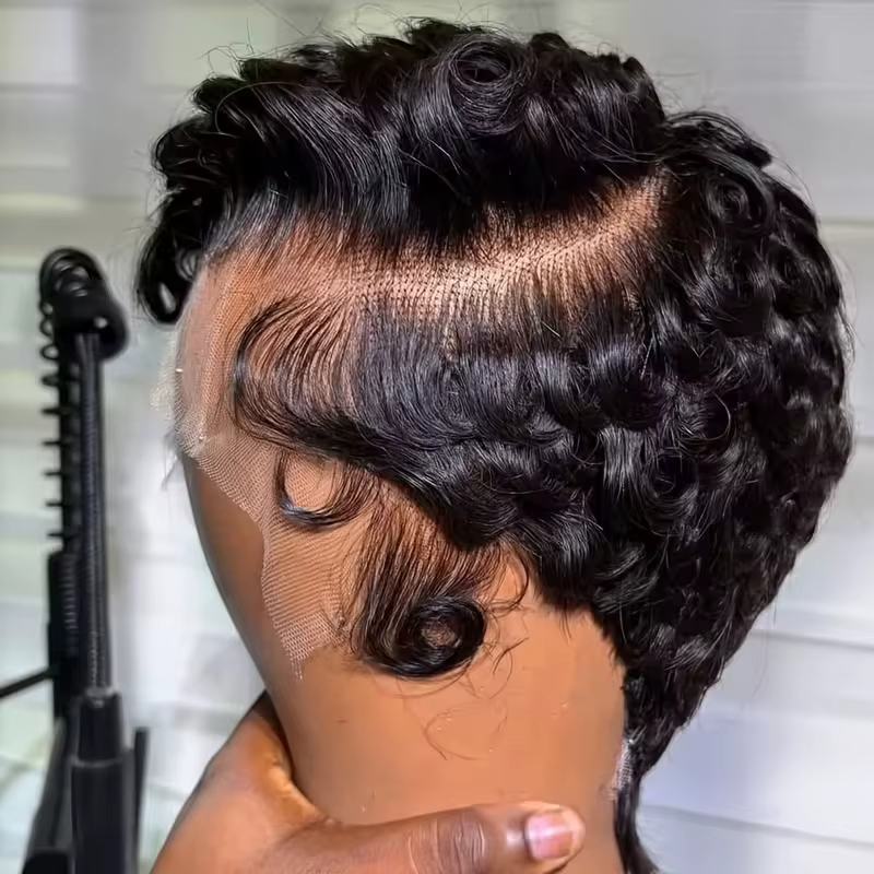 Perruques frontales en dentelle bouclée coupe lutin 13x4 cheveux humains courte 6 pouces perruque bo