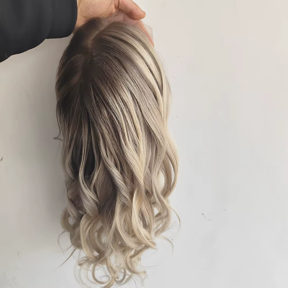 Perruques en dentelle de cheveux humains de luxe, mèches blondes mélangées à des racines brun foncé,