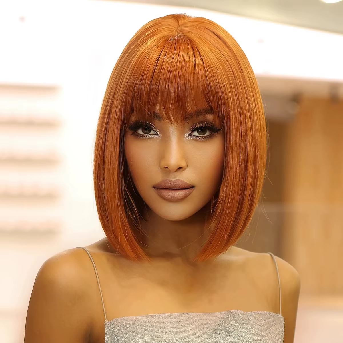 Perruque synthétique courte et droite, perruque Bob marron gingembre avec frange droite pour dames, 