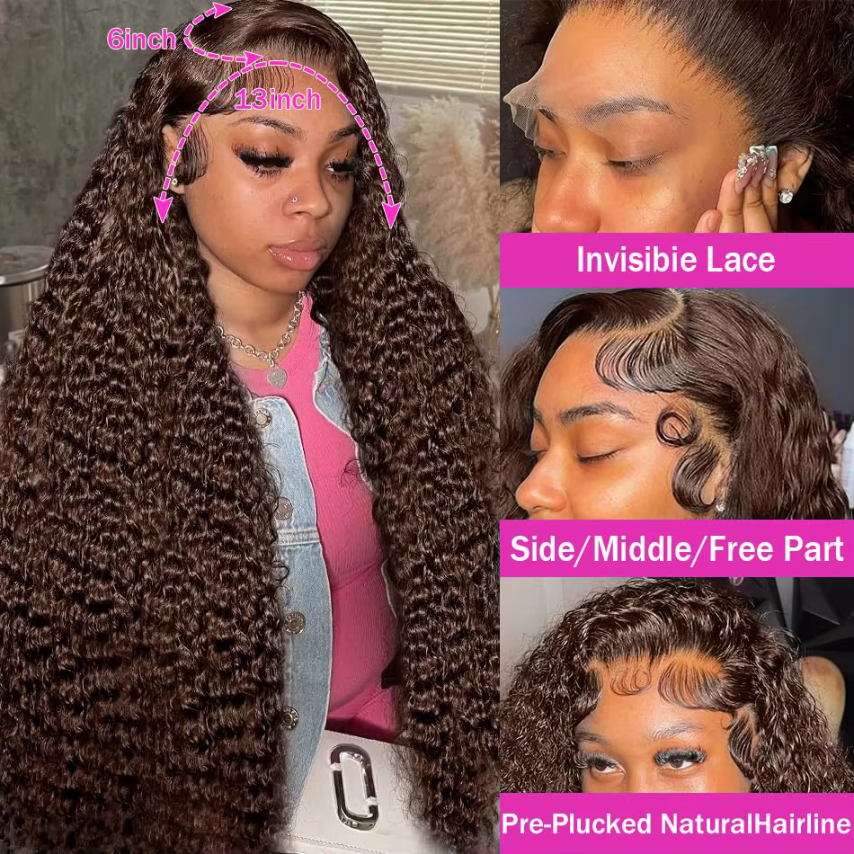 Perruques colorées bouclées marron chocolat 13x4 Lace Front, perruques en cheveux humains pré-épilée