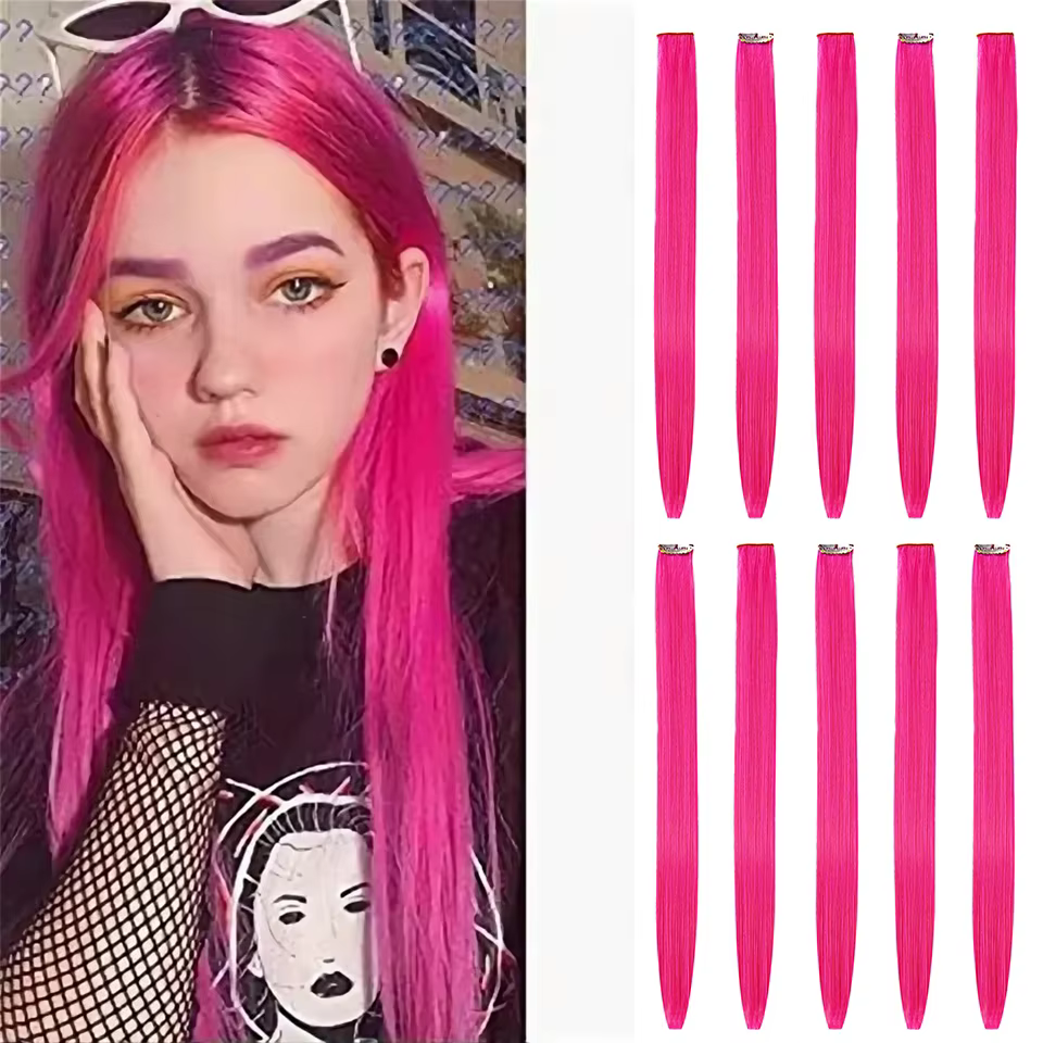 Extensions capillaires synthétiques à reflets colorés, postiches lisses roses pour femmes, enfants e