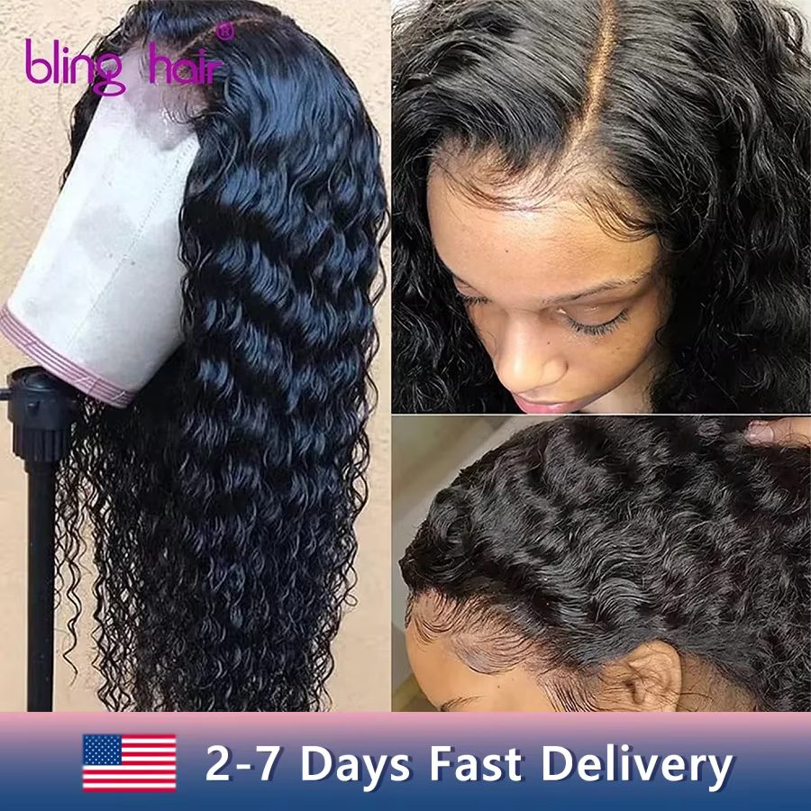 Perruque Lace Wig Remy Deep Wave Transparente pour Femme, Cheveux 100% Naturels, Bling, Densité 200,