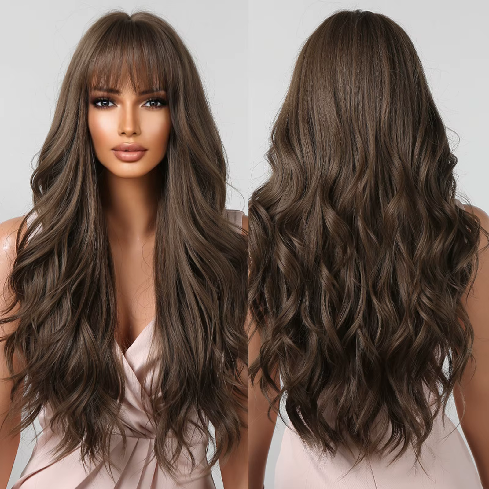Perruques brunes ondulées avec frange pour femme, cheveux synthétiques naturels longs, degré de chal