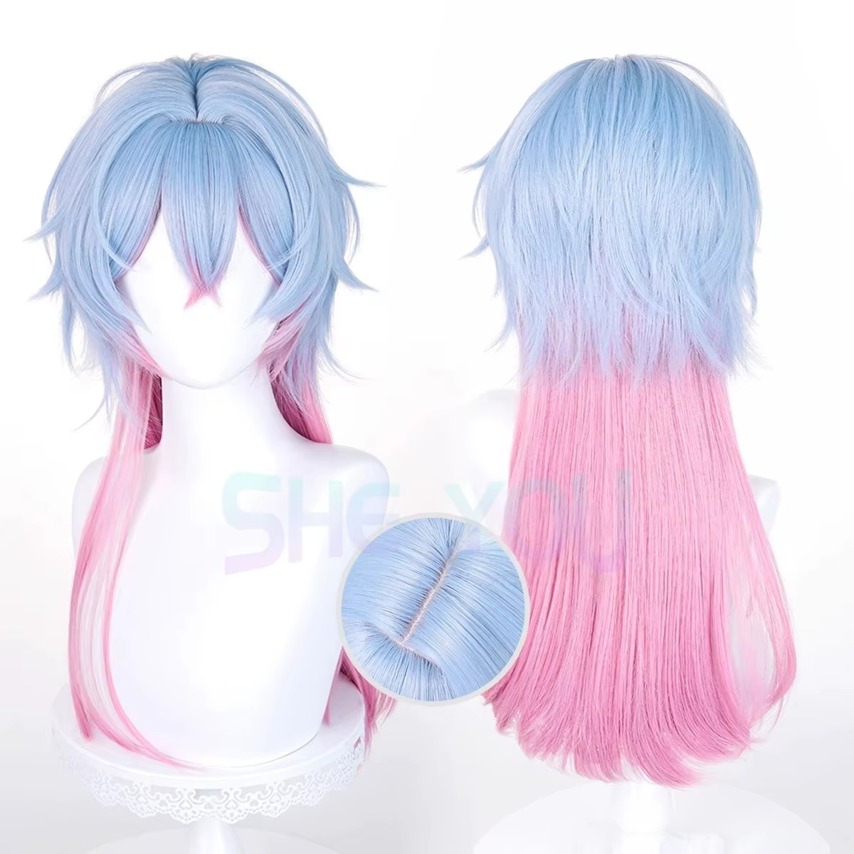 Miku lapin trou Cosplay mâle perruque 65 cm bleu rose dégradé perruque Cosplay Anime résistant à la