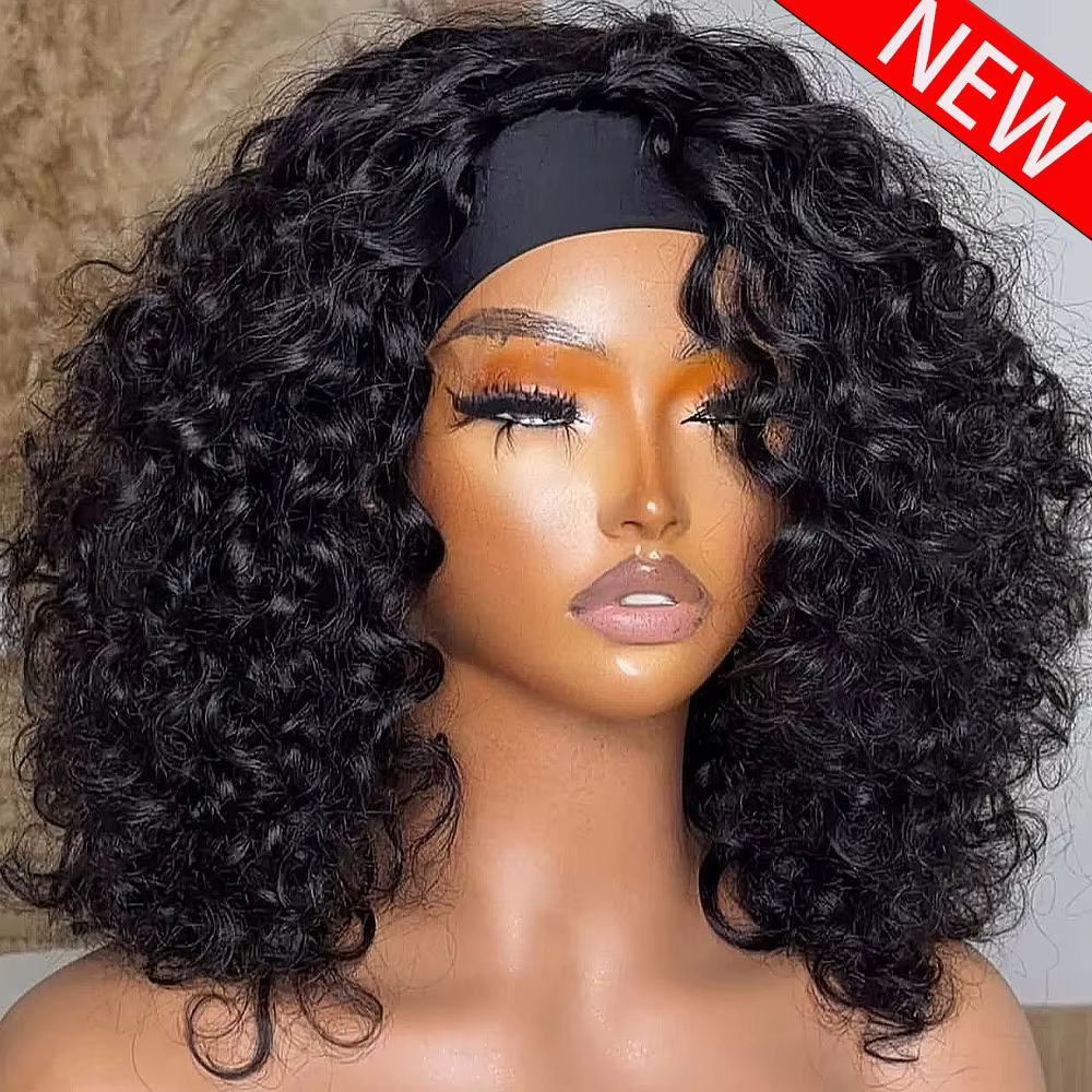Perruque bandeau en cheveux humains bouclés, sans colle, entièrement fabriquée à la machine, densité