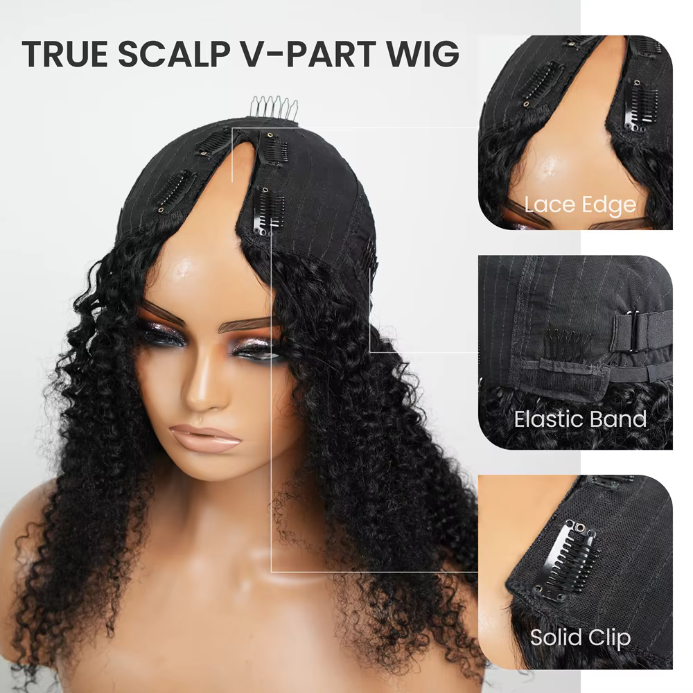 Perruque en V en cheveux humains bouclés crépus, sans colle, pour femmes, sans besoin de laisser de