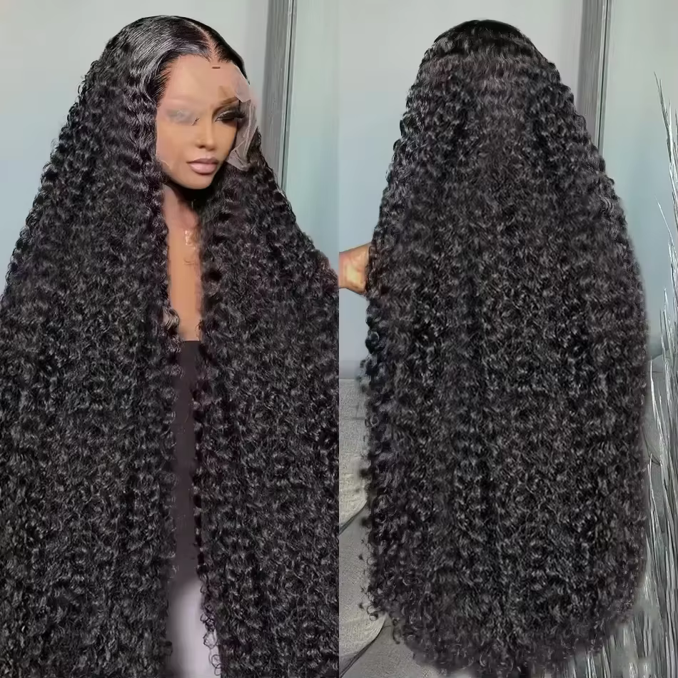 Perruque Lace Frontal Wig brésilienne naturelle, cheveux humains, Deep Wave, Transparent, 40 46 pouc