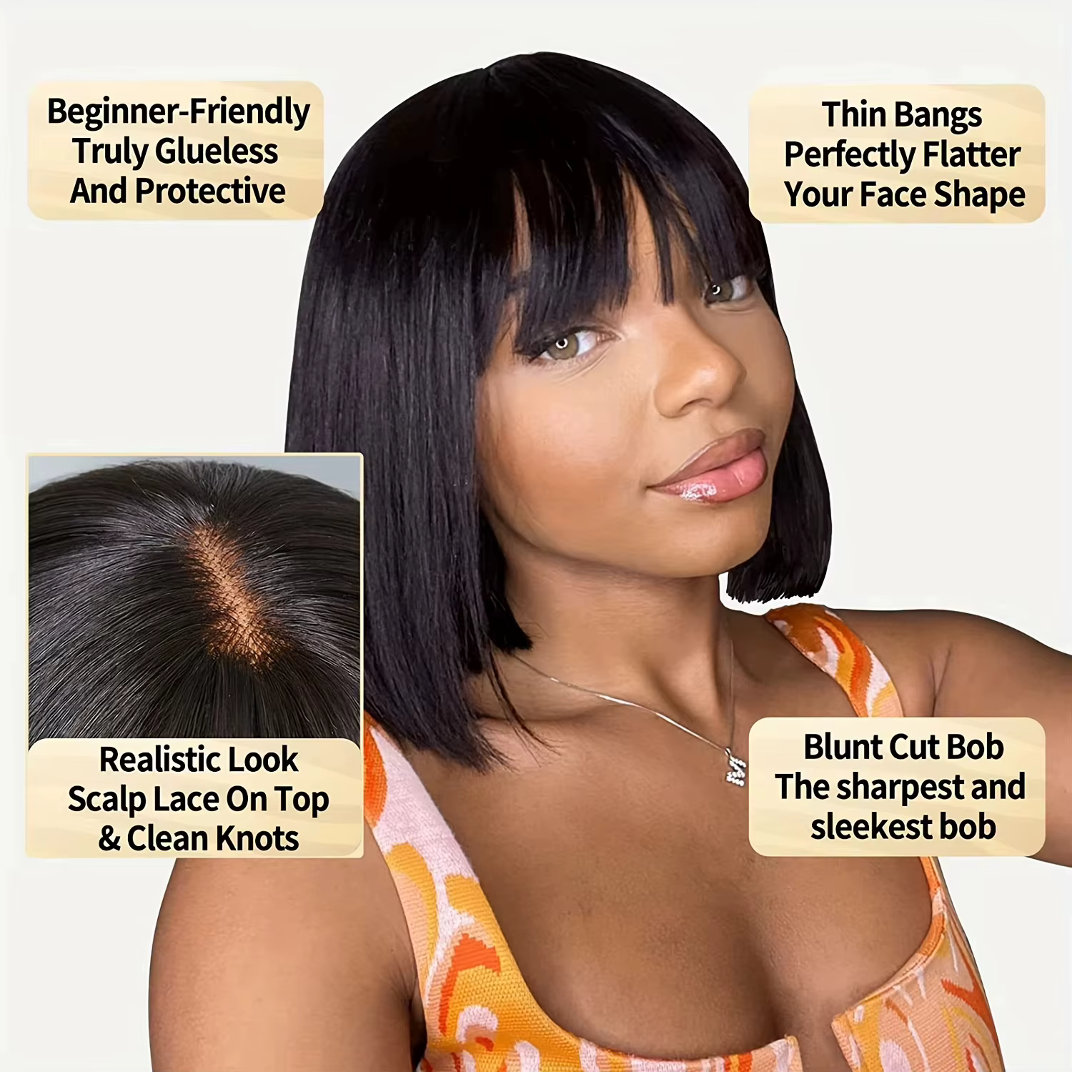 Perruques de cheveux humains droites d'os avec frange pour les femmes noires pleine Machine faite pe