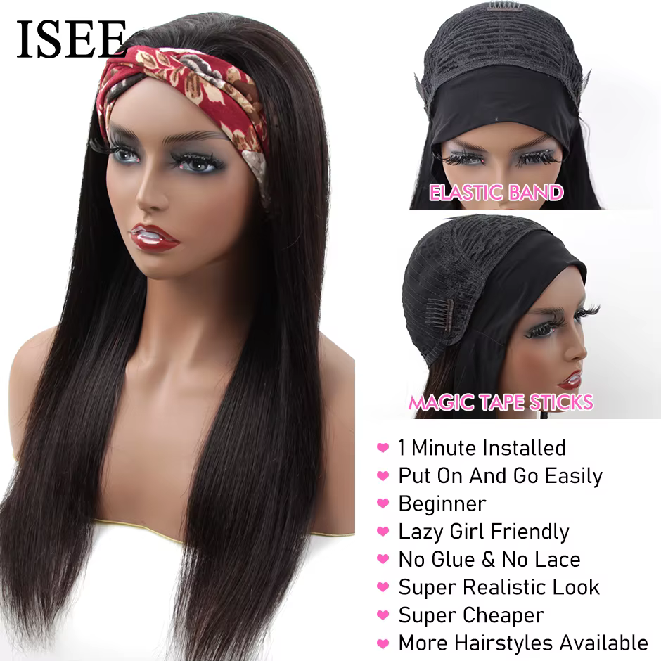 Perruque bandeau femme droite perruque de cheveux humains malaisiens droite sans dentelle écharpe pe