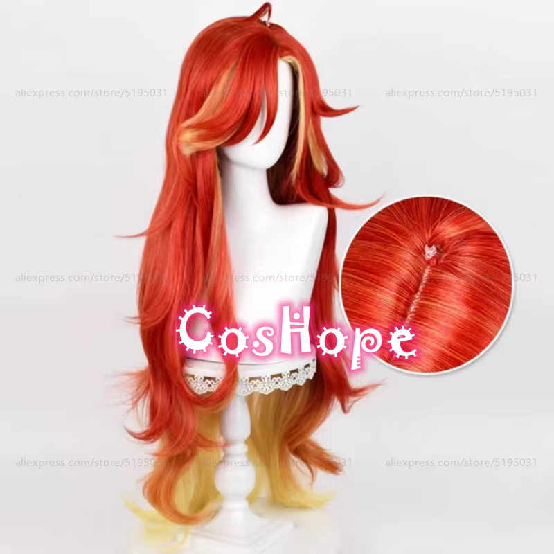 Pyro Archon Mavuika Cosplay perruque 100 cm longue vague bouclée perruque rouge jaune mixte perruque