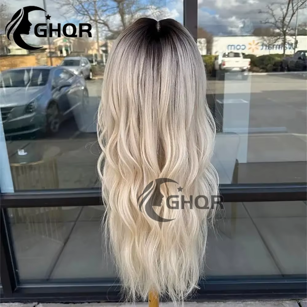 Perruques blond platine cheveux humains vague naturelle 13x4 avant de lacet perruques brun racines f