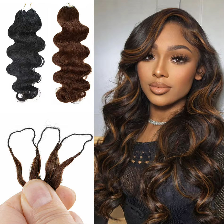 Sans couture # 4 Miracle Knots - Extensions de cheveux humains 100% naturels, ondulés, brun foncé, p