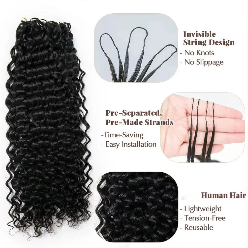Extensions de cheveux humains bouclés au crochet, pré-séparées, sans nœuds, ondulations profondes, p