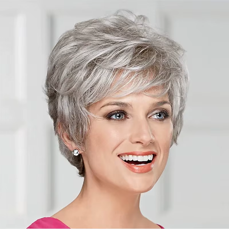 HAIRJOY cheveux synthétiques femmes perruques courtes classiques couches perruque grise bouclée