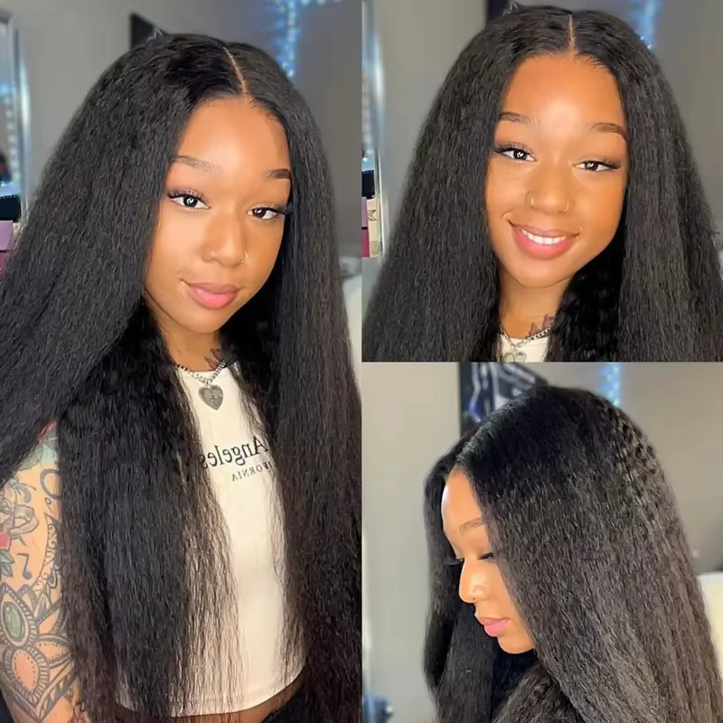 Yaki Kinky Straight Perruques de cheveux humains pour femmes, Perruque sans colle, 100% cheveux huma