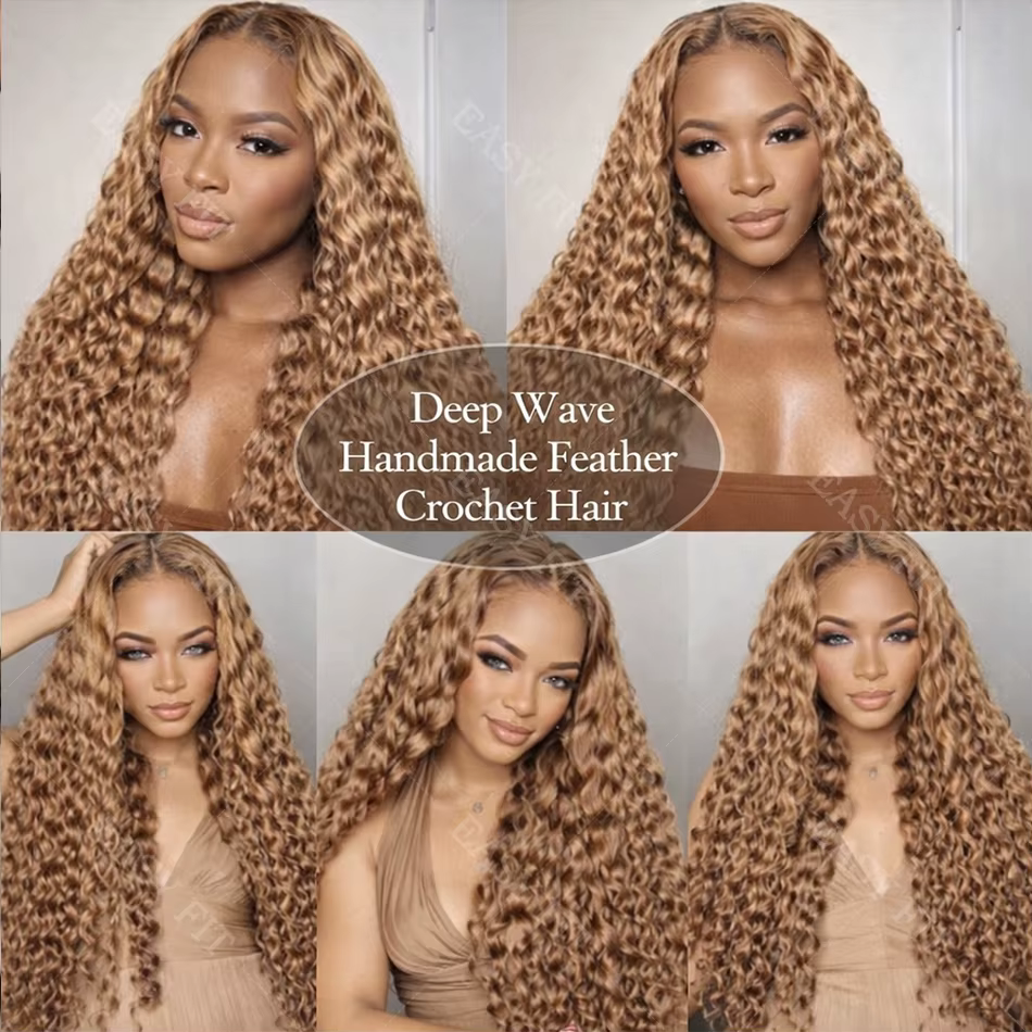 Extensions de cheveux humains pré-séparées au crochet, blond miel avec mèches, ondulations profondes