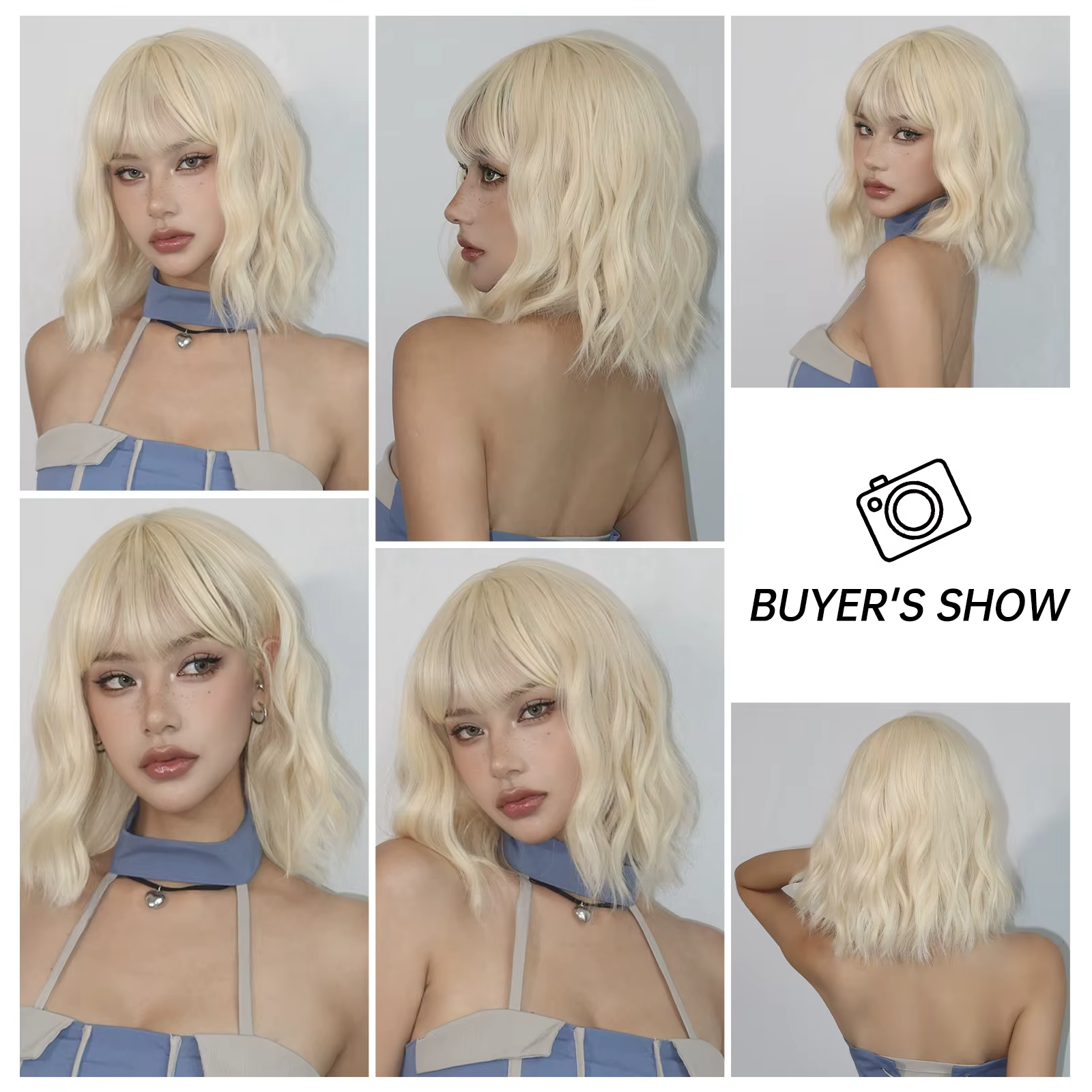 Perruques synthétiques ondulées Bob blondes Beige avec frange, perruques Lolita courtes de Cosplay p