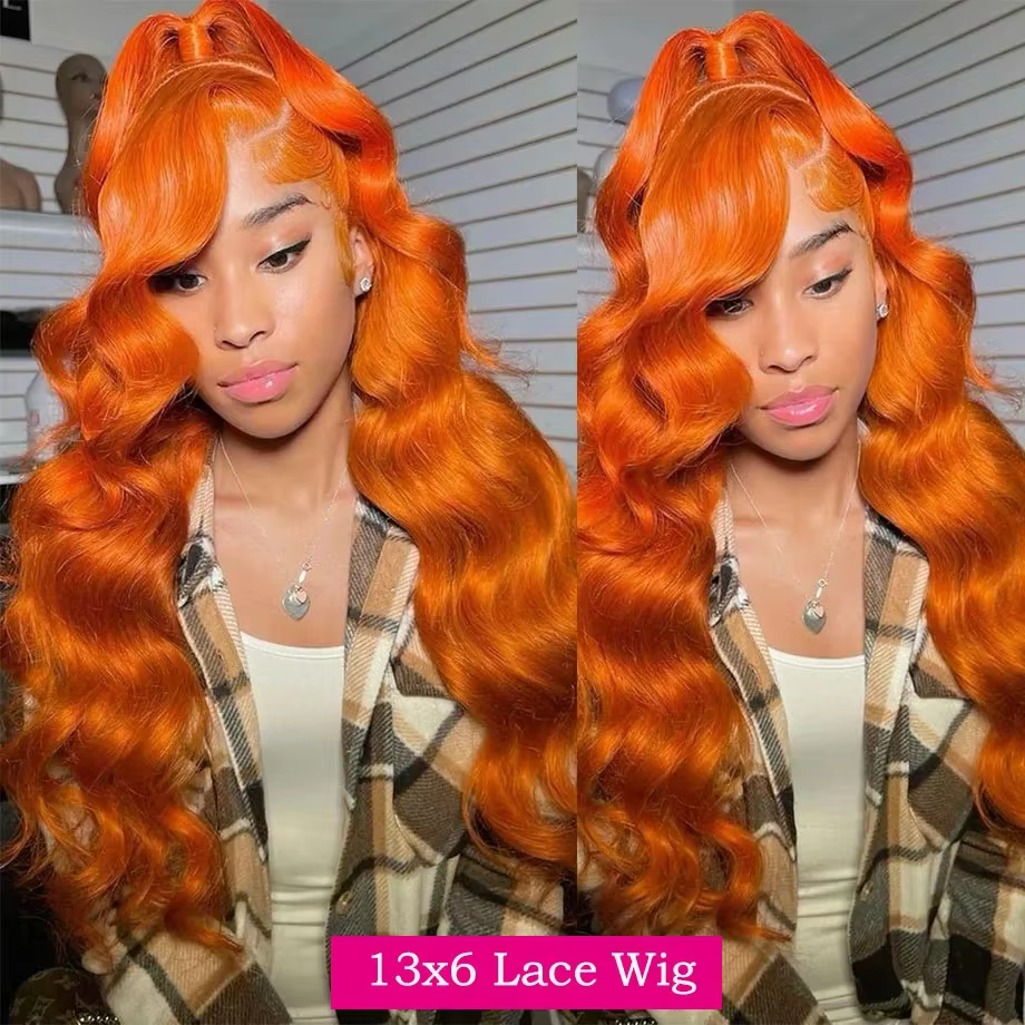 Perruque Lace Front HD 13x6 en Cheveux Humains, Ondulation Body Wave, Couleur Gingembre Orange, Dens