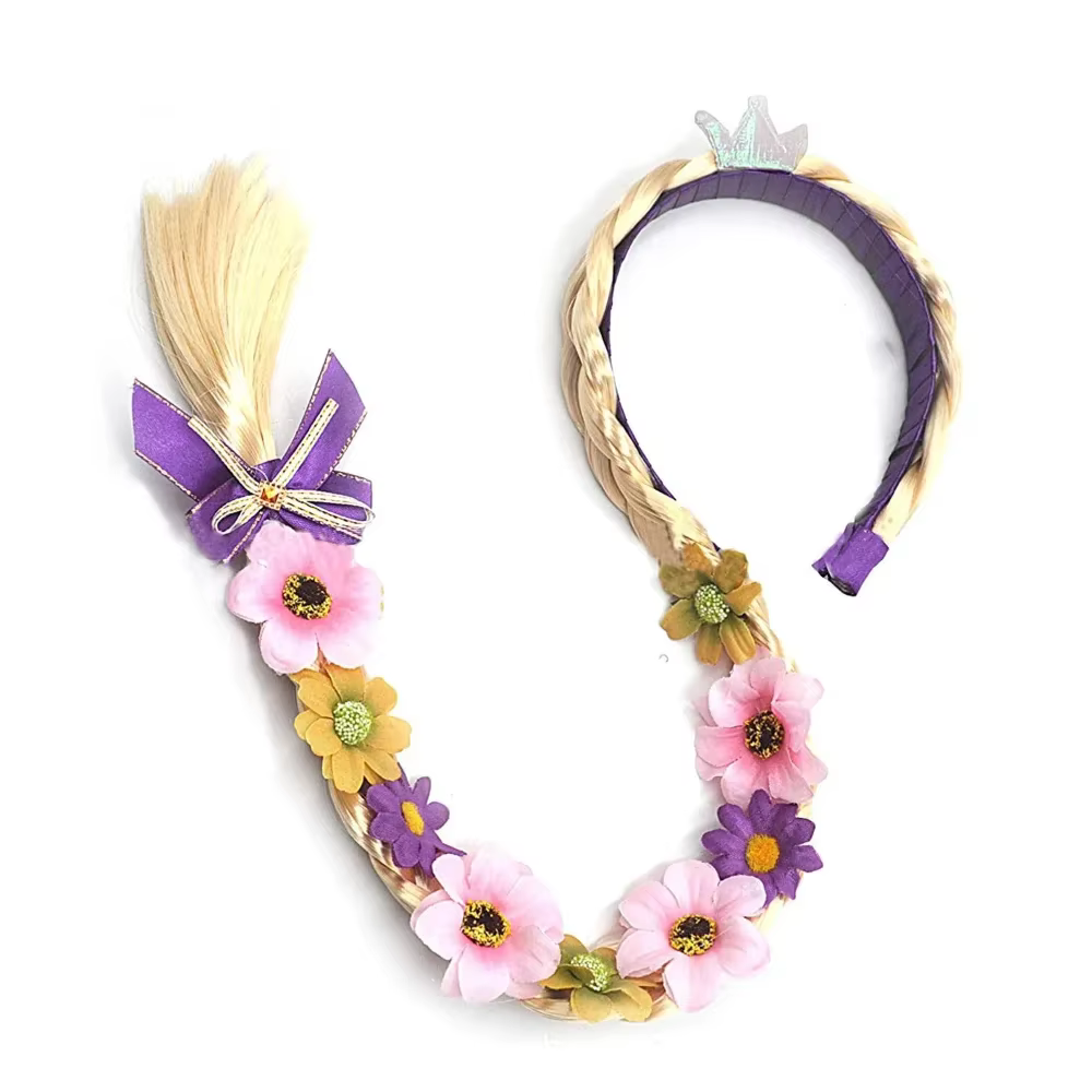Perruques de déguisement de princesse raiponce, longues bandeaux tressés avec fleurs, accessoires de