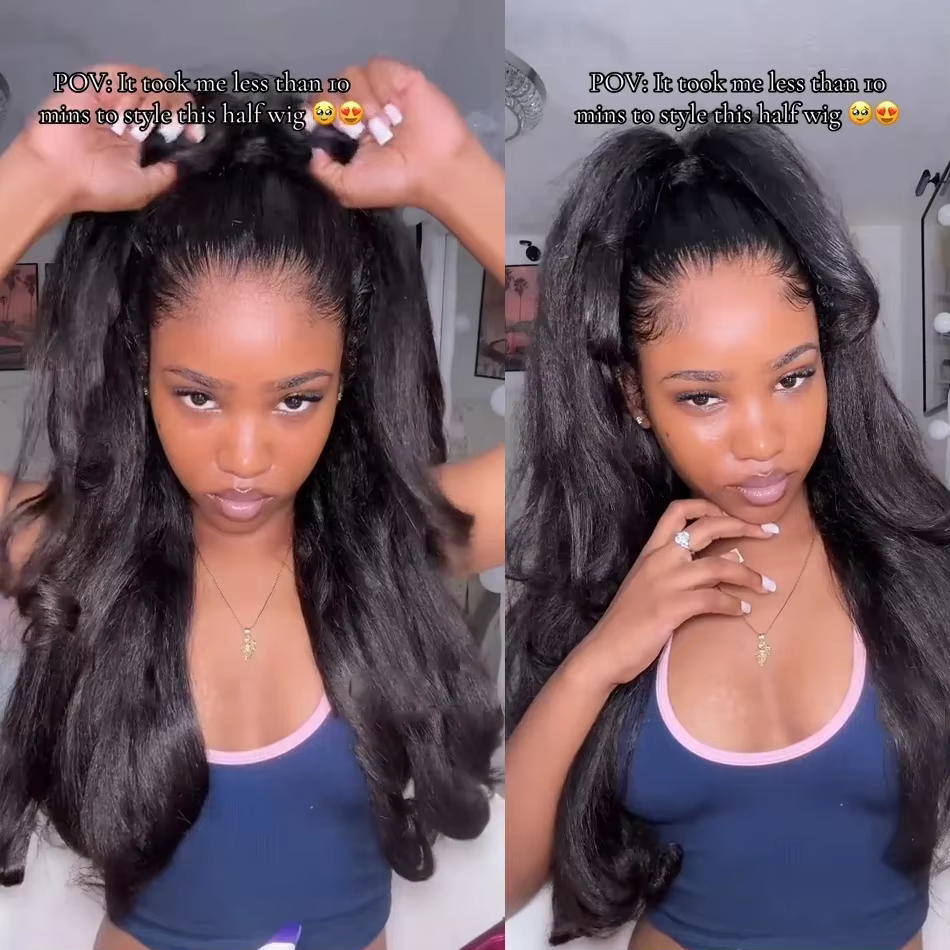 Perruque mi-tête Kinky Straight en cheveux humains, sans colle, prête à porter, 3-en-1, avec cordon 