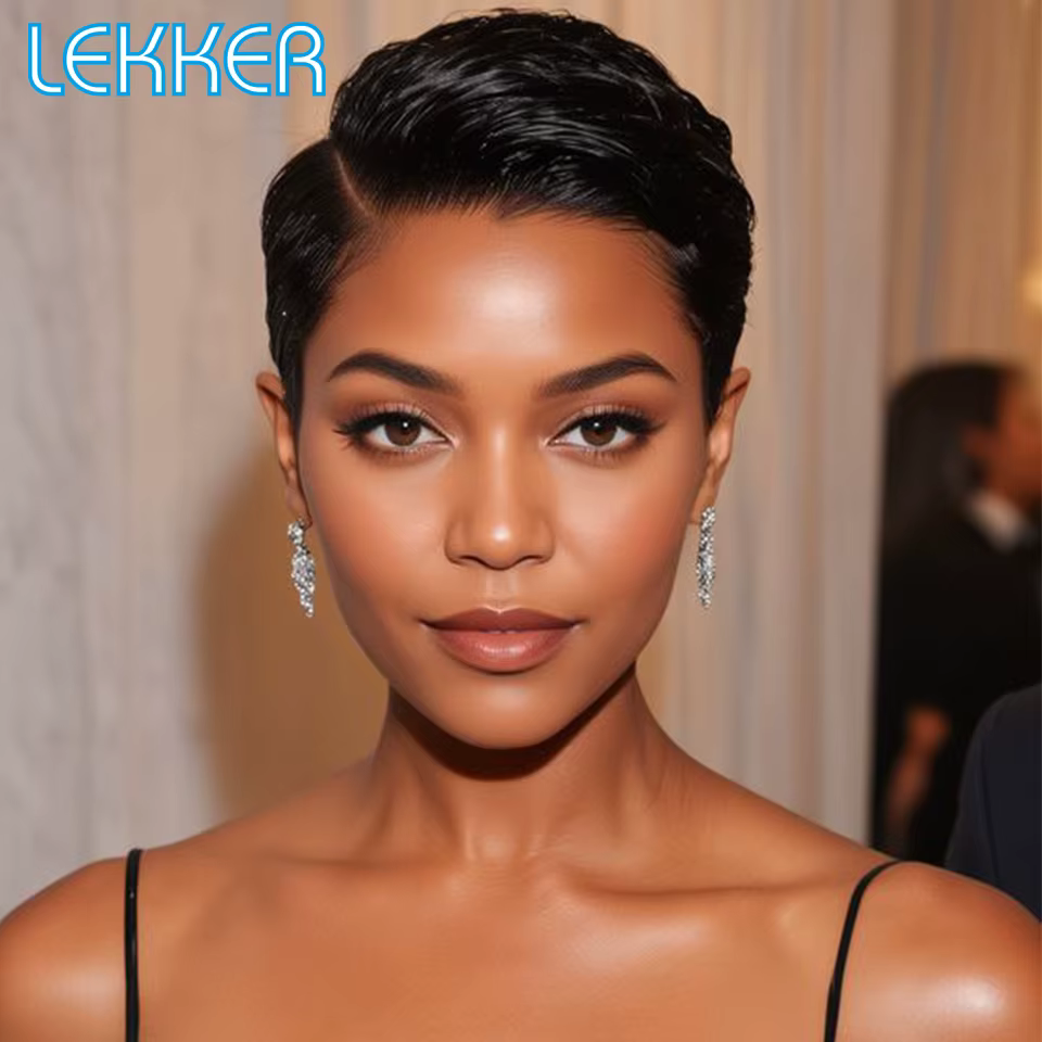 Lekker noir court coupe lutin 13X1 C partie dentelle avant 100% perruque de cheveux humains pour les