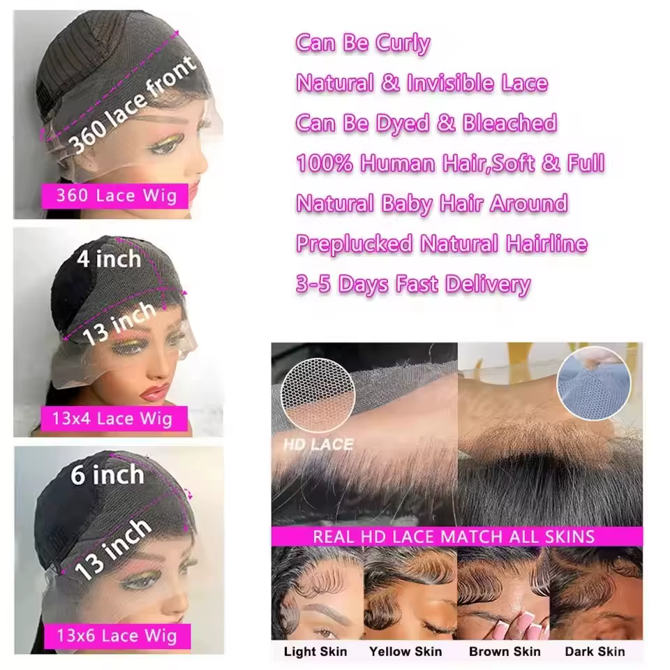 40 46 pouces vague profonde 13x6 13x4 dentelle avant perruque de cheveux humains 250% Remy Curl 360 
