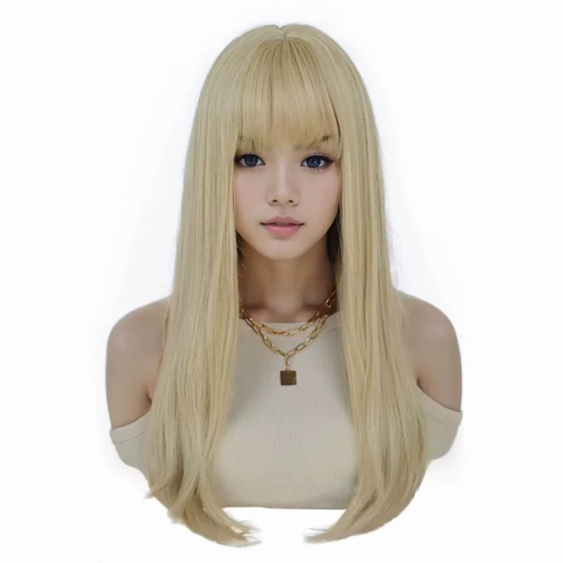 Perruques synthétiques blondes longues pour femmes, perruque lisse et soyeuse avec frange, perruque