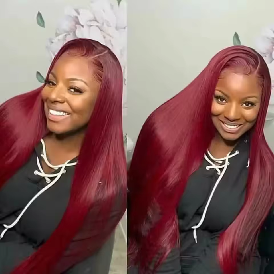 Perruque Lace Frontal Wig 100% naturelle, cheveux lisses, couleur bordeaux, 13x4 HD, 13x6, couleur 9