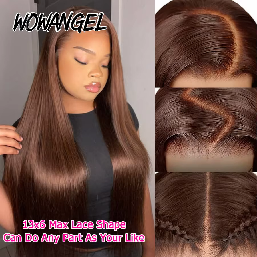 WOWANGEL Perruques en cheveux humains lisses brun chocolat, Lace Frontale Complète HD 13x6, Pré-épil