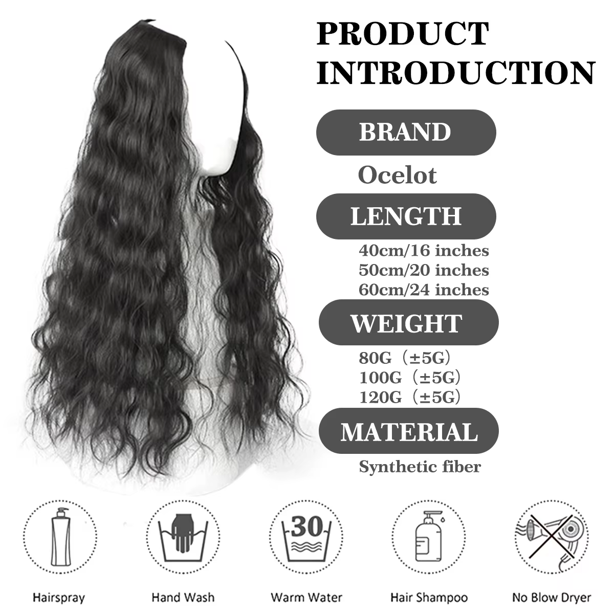 Ocelot 16-24 pouces synthétique ondulé extension de cheveux perruque naturel ondulation d'eau femmes