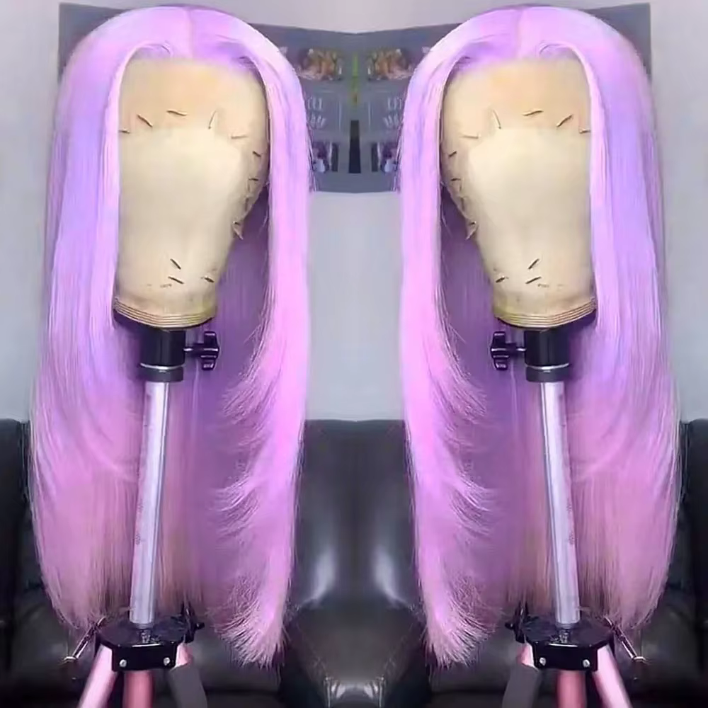 Perruque Lace Frontal Wig synthétique lisse violet clair, 13x4 HD, pre-plucked, haute qualité, résis