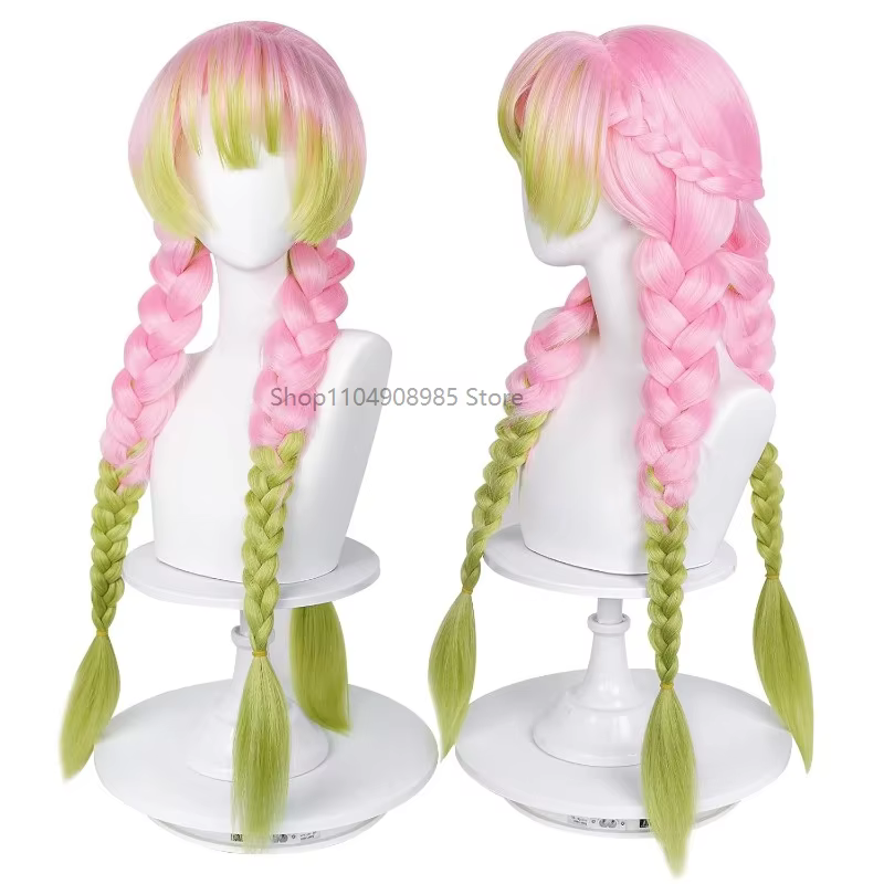 Perruque de Cosplay rose et verte, cheveux tressés avec nattes, pour femmes, Halloween, carnaval, fê