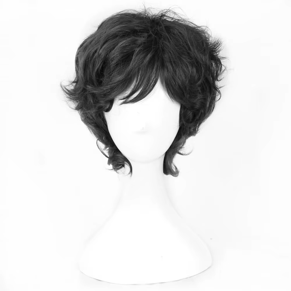Perruque pour homme avec frange, noire, courte, ondulée, bouclée, cheveux synthétiques, pour Hallowe
