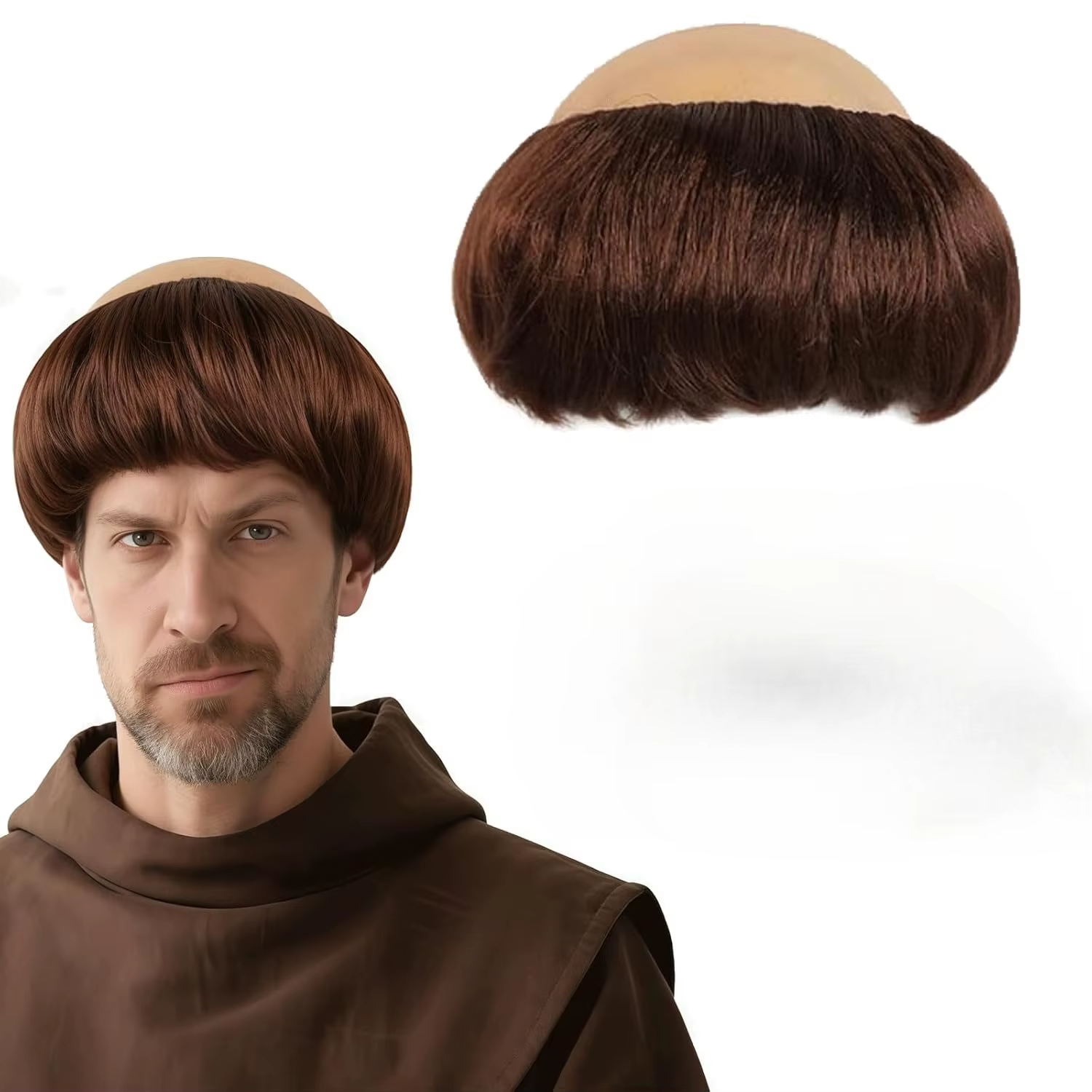 Perruque de moine chauve marron foncé pour hommes avec bonnet de perruque, perruque de costume amusa
