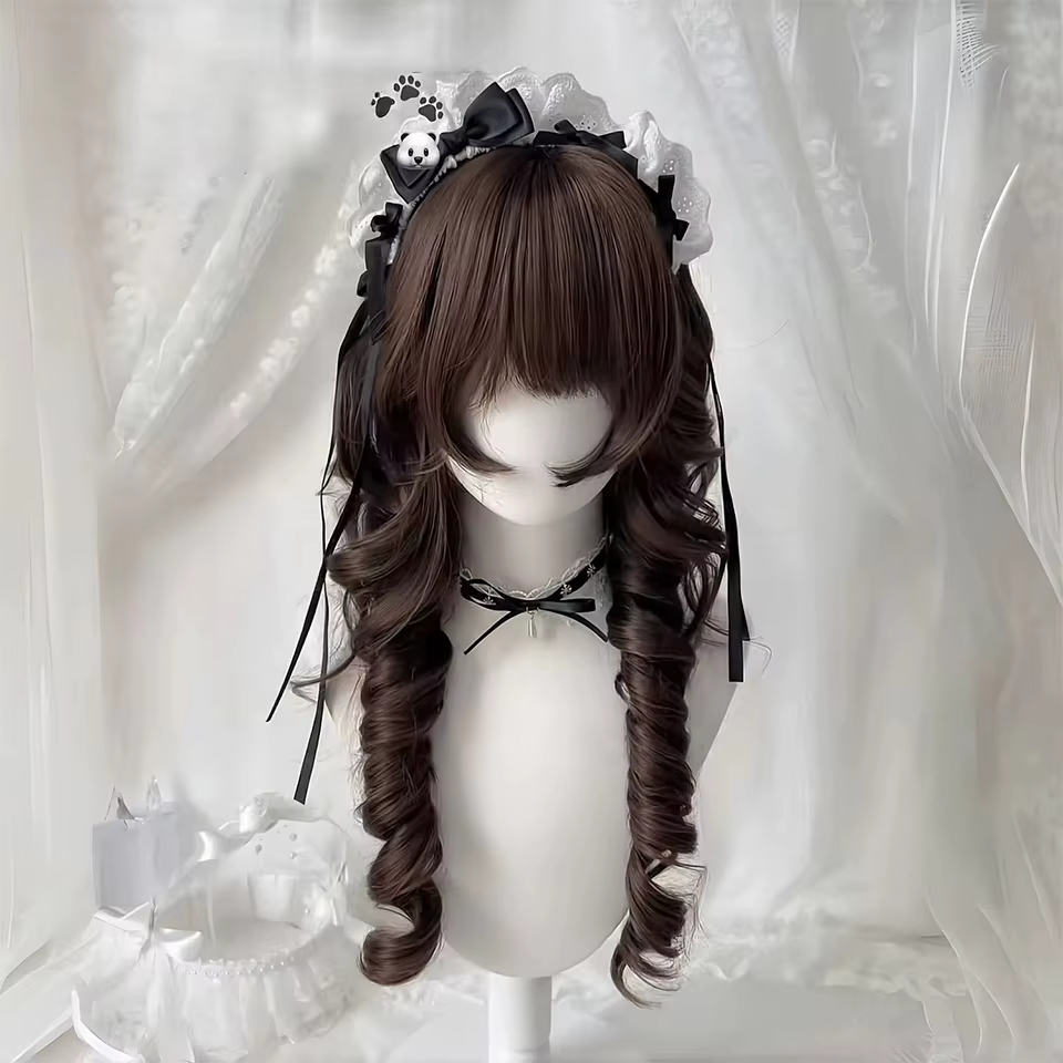 Perruque Lolita avec frange tête de méduse cheveux longs bouclés Fibers haute température perruque s