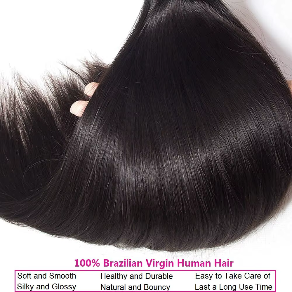 Mèches Brésiliennes Naturelles Lisses avec Closure, Cheveux de Bébé, 100% Non Traités, 4x4, 3 Lots