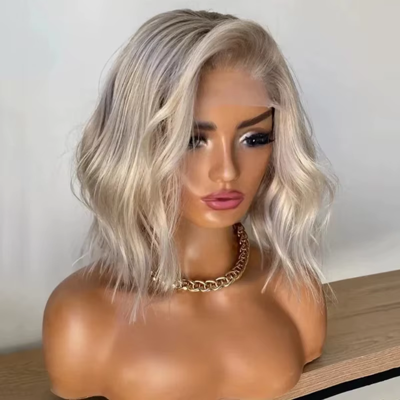 Perruque synthétique Lace Front Ombré Blond Glacé, courte, à ondulations lâches, pré-épilée, avec ra