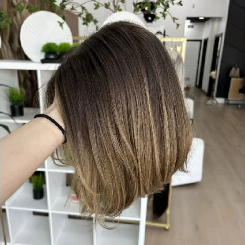Perruque Bob transparente invisible, ombrée brun-blond avec racines foncées, perruque de fête, perru