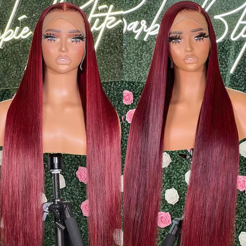 Sophia-Perruque Lace Front Wig Naturelle Lisse Bordeaux 99J, Cheveux Humains Colorés, 13x6, HD, en V