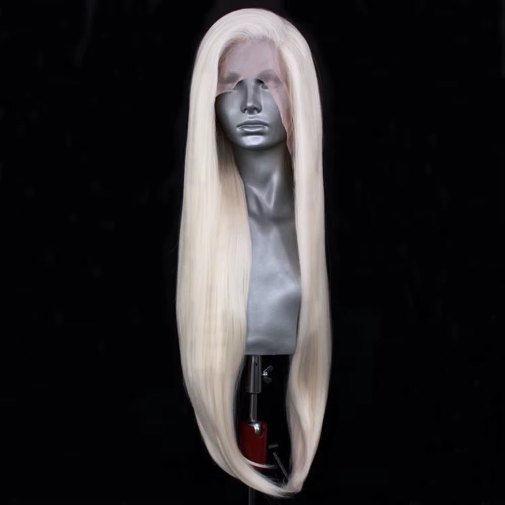 Perruque Lace Front Wig synthétique ondulée naturelle Blonde platine, cheveux synthétiques longs ond