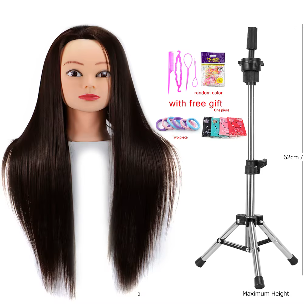 Tête de Mannequin 100% cheveux synthétiques, tête de formation pour coiffeur avec trépied, tête de p