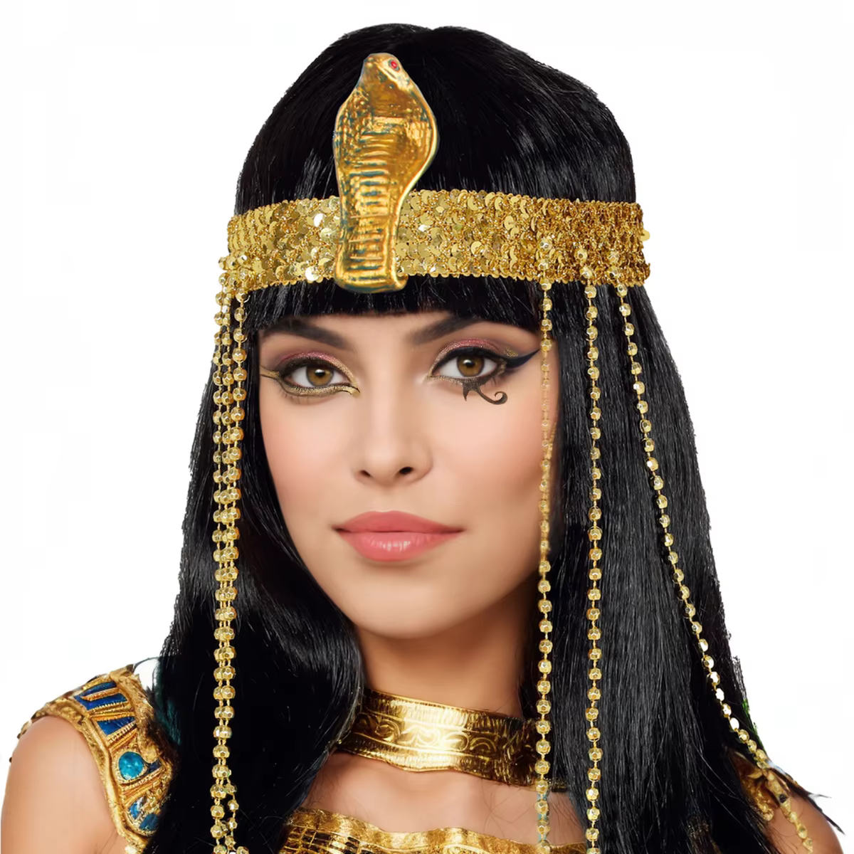Perruque Cléopâtre courte et droite pour femmes, avec perles à franges et bandeau serpent, accessoir