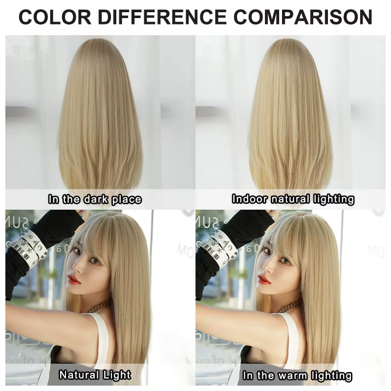 Perruques blondes en couches droites avec frange soignée, faux cheveux naturels synthétiques haute d